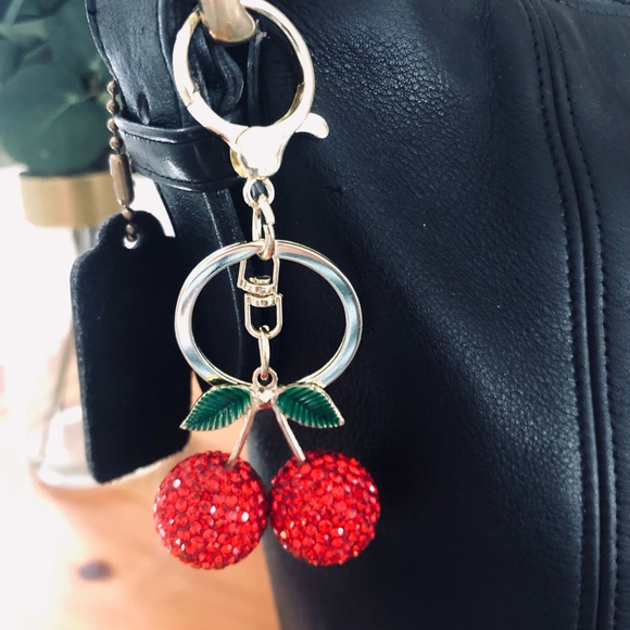 Rhinestone Cherry Red Bag Charm Key Chain Gold Finish - Picture 2 of 2